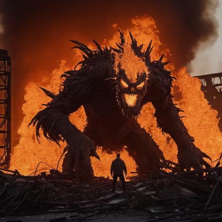 In this dramatic action shot, a monstrous fire creature emerges from the ruins of an abandoned factory, casting a ghastly and cinematic presence. Edge lighting enhances its menacing silhouette, accentuating its fiery and destructive nature. The backdrop is consumed by flames, adding to the intensity of the scene.