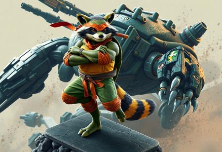 A dynamic action pose of Turtle Raccoon, standing on one leg, arms crossed, holding two nunchucks, dressed in green and orange outfit with red bandana, against a detailed Mecha Phantom Beast Turtletracer background. Isometric view, high-res 4k, octane render, unreal engine 5, splash ink illustration, Raphael style, houdini style, cinematic lighting, sharp lines, vibrant colors. Trending on Artstation, CGSociety, masterpiece, impeccable composition, creative angle.