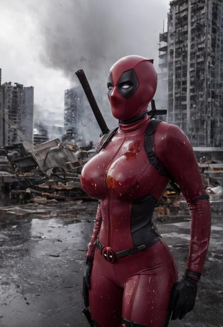 hyperrealistic art (busty girl deadpool, burning helicopter, chaos), (reflections, exploding buildings, storm, wet), slim body, (huge breasts), (breasts bursting out of  open cleavage cutaway, bare skin cleavage, huge round breasts), (full mask, full costume with cleavage cut away), extremely high-resolution details, photographic, realism pushed to extreme, fine texture, incredibly lifelike, huge tits