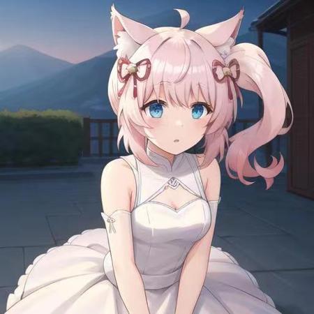 masterpiece, best quarity,outdoor, Howan, 1 girl, blue eyes, pink hair,animal ears, side ponytail,animal ears, hair ornament,Wedding dress