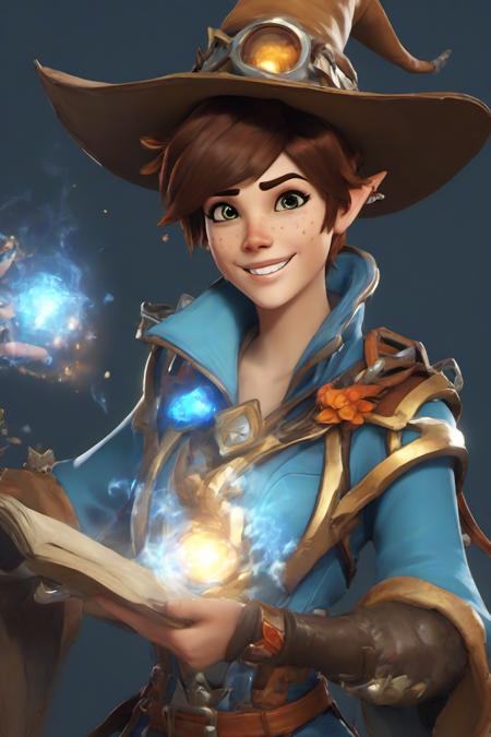 PETracerOW,<lora:PE_TracerOverWatch:0.8>,
portrait of tracer,smile,freckles,
wearing mage outfit,wizard hat,casting a spell