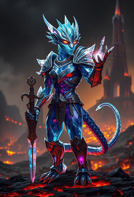 A highly detailed, intelligent portrait of a Krython, a crystalline species from volcanic realms. Standing upright with two hands, two feet, and a tail, the Krython wears ornate fantasy armor, holding an intricately designed weapon that hints at its advanced culture. Its body, made of multifaceted translucent crystals, refracts vibrant colors ranging from deep blues to shimmering purples. Its sharp, sleek limbs and angular features highlight both its intelligence and otherworldly elegance. Glowing eyes radiate internal energy, reflecting its emotions and keen awareness.
In the background, futuristic architectural spires of sci-fi design emerge from the volcanic terrain, crafted from crystal and metal, harmonizing with the surrounding geothermal environment. These towering structures pulse with energy, symbolizing the Krython’s sophisticated civilization.
The volcanic landscape, with molten lava and rising steam, glows in the eerie light of geothermal vents. The Krython stands confidently, manipulating energy waves with one raised hand, demonstrating its ability to communicate through harmonic vibrations. Cinematic lighting enhances the crystal textures and the vivid colors of the surroundings, emphasizing the majesty, power, and intelligence of the Krythons, guardians of their volcanic realm. (Ultra-realistic, 32k, Masterpiece, High Quality, Detailed Realistic Background, Official Art, Realistic Lighting).