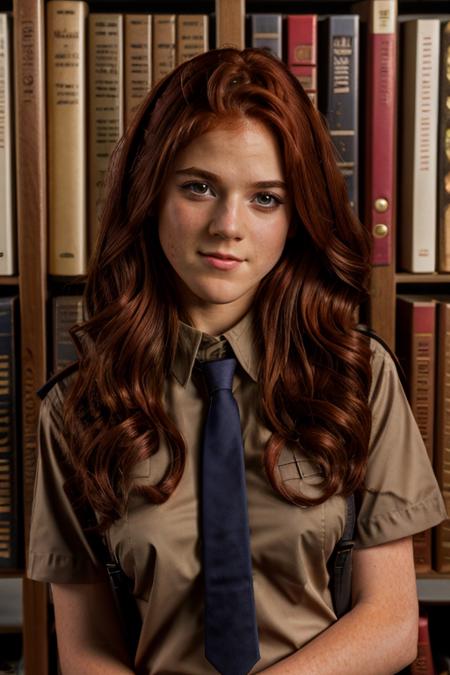 school girl costume ,  library , dusk <lora:Rose_Leslie:1> masterpiece, best quality, detailed face, a mature r1873l, 1girl, solo, red hair,