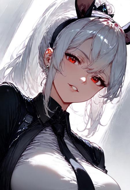 incredibly detailed:1.4, 4k, hires textures, high detail:1.2, best quality, ultra-detailed, masterpiece, best quality, score_9, score_8_up, score_7_up, score_6_up, perfecteyes, shiny skin, shiny, 1girl, red eyes, ponytail, white hair, white rabbit ears, black long vest, black necktie, monochrome, black pants, yjwjstyle,