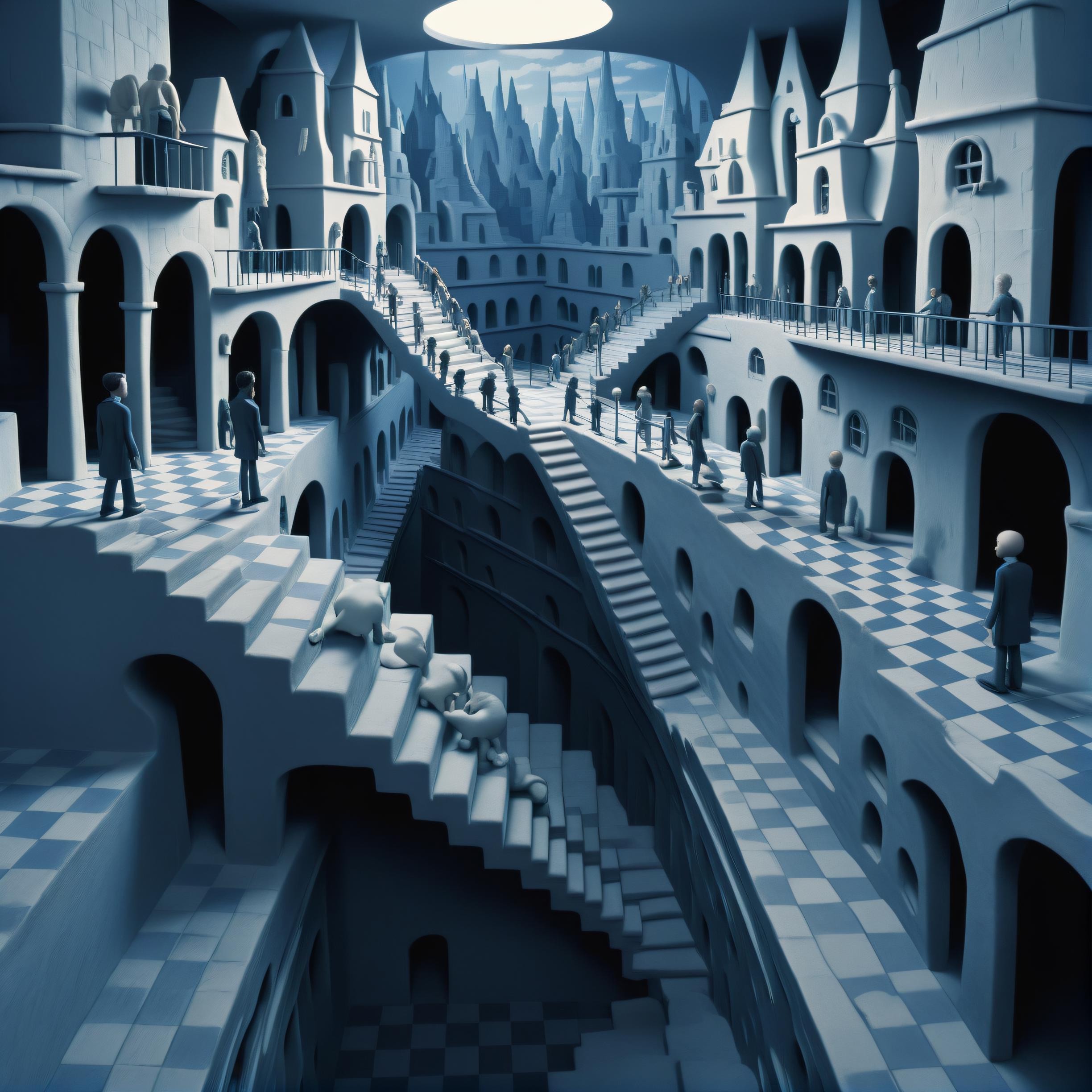A complex maze of stairs and buildings with a person navigating through it.