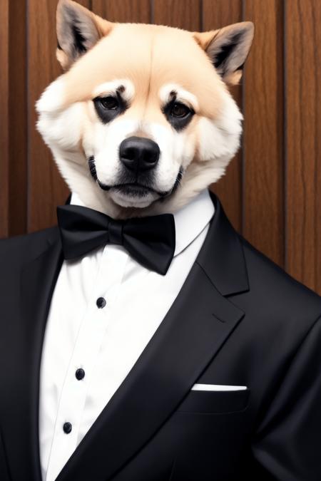 bowtie, no humans, bow, photo (medium), blurry, clothed animal, whiskers, formal, animal focus, blurry background, animal, black neckwear, indoors, solo, vest, bar, jacket, depth of field, looking at viewer, suit, white shirt, tuxedo