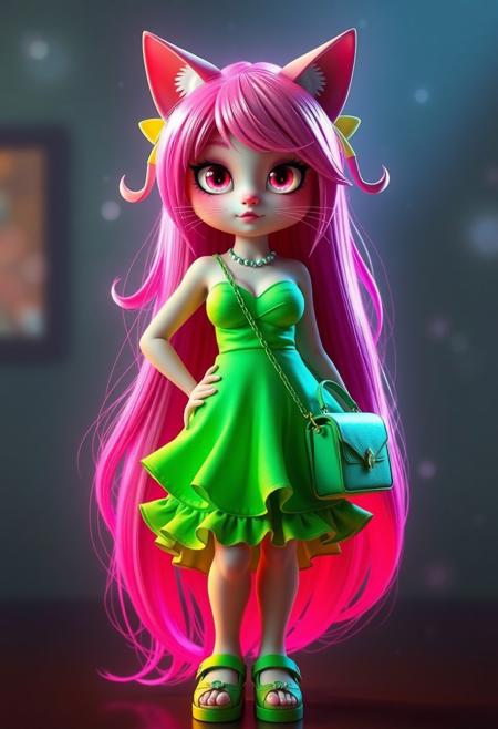 Realistic 3d Pixar , Cat girl with neon pink hair that reaches the floor, sparkling pale pink eyes, voluptious, big boobs, wearing a short, slutty, green sundress with a ridiculous amount of frilly ruffles on the hem, cleavage, cute face, ribbons in hair, green Mary Jane shoes, green cross body purse,  glow, god rays, ethereal, dreamy, heavenly, otherworldly, dream-like, breathtaking, captivating, divine, Bioluminescent, realistic 3d, hd 4k 8k high definition best quality