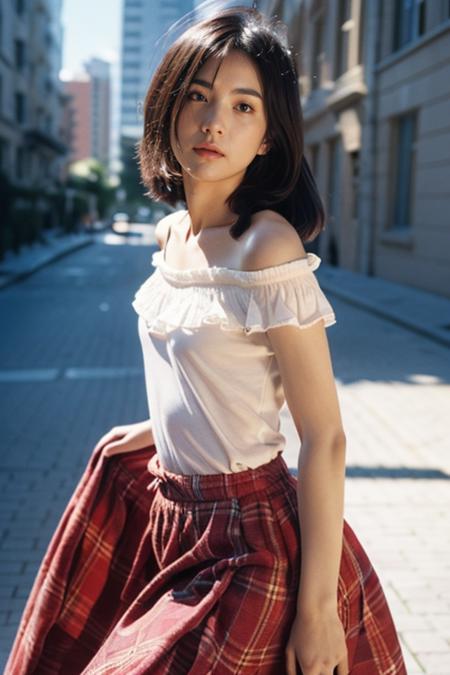 cowboy shot,bokeh:1.2,((small_head)),outdoors,1980s \(style\),vintage details,streetscape,
1 girl,fit,solo,(1980s dress, (long skirt:1.2)),short sleeves,off shoulder,dynamic pose,riding a bike down a street,
medium_breasts:1.2,floating_hair,tiny_waist,(realistic_detailed_skin_texture:1.1),good hands,fix,good feet,<lora:faceA-05:0.6>,
This scene should be captured on 35mm film,with a beautiful depth of field and a slightly blurry,nostalgic background,film portrait photography,35mm film,filmg,<lora:FilmG2:0.8>,
(8k, RAW photo, best quality, masterpiece:1.2),(realistic, photo-realistic:1.4),ultra high res,photon mapping,radiosity,((Hasselblad photography)),physically-based rendering,professional soft lighting,light on face,