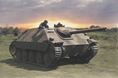 <lora:Hetzer_Tank_Destroyer:0.8> hetzer, front, with soldier, sunset, clouds in the sky, warm light,