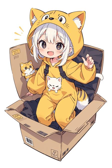 [(white background:1.4)::5],
box,in container,cardboard box,in box,
(solo:1.2),1girl,smile,open mouth,black eyes,slit pupils,white hair,low twintails,cat ears,full body,(yellow animal costume:1.2),hood up,