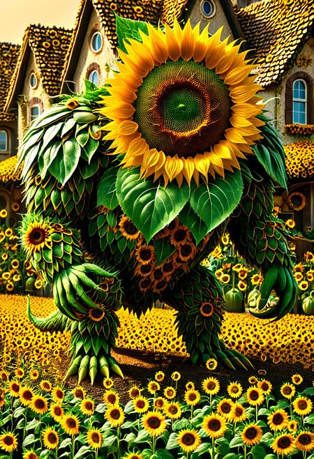 gigantic monster creature Made of Sunflowers, rampaging through a sunflower city, petals flying everywhere, surreal scale, highly detailed organic textures, golden haze, whimsical destruction, absurd yet majestic