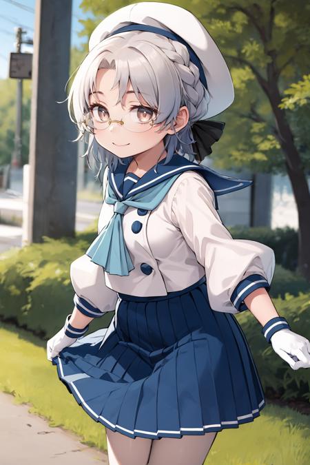 best quality, masterpiece, highly detailed, 1girl, solo, smile,
hirato, braid, glasses, hair ribbon,
school uniform, hat, blue ribbon, blue sailor collar, blue neckerchief, long sleeves, white gloves, blue skirt, pleated skirt,
outdoors,
<lora:HiratoKancolleV02-000018:1>