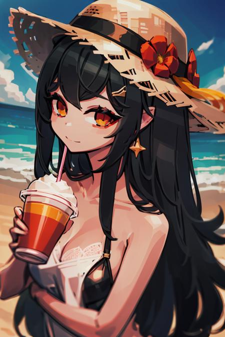 1girl, solo, starfish, seashell, shell, flower, hat, hair ornament, jewelry, beach, (straw hat), looking at viewer, sunglasses, hat flower, drinking straw, hairclip, earrings, red flower, tinted eyewear, yellow flower, bangs, blue sky, multicolored hair, orange flower, (black hair:1.2), ring, cup, long hair, orange-tinted eyewear, food, brown hair, portrait, shell hair ornament <lora:makarollV2-000002:1>