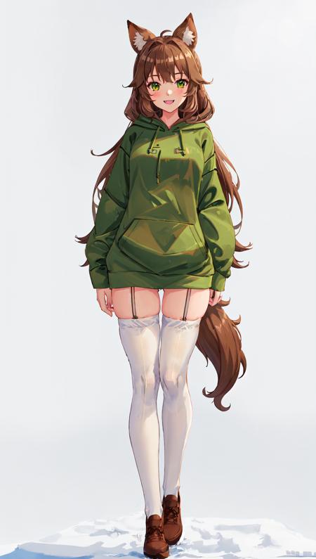 vtubermodel of 1girl , brown hair , light brown eyes , (green hoodie:1.3) , fluffy weasel ears , white thigh highs, high quality , extra detailed , rendered, (white background:1.2), full body , smiling<lora:VtuberMakerV2:0.5>