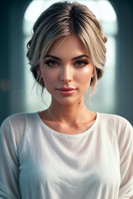 photo of beautiful (EPLud0v1c4P4g4n1:0.99), a woman with perfect hair, hair upsweep updo, wearing (white Linen Tunic :1.1), (plain blue indoors, planetarium :1.1), modelshoot style, (extremely detailed CG unity 8k wallpaper), professional majestic photography, (smile), ((upper body)), (camera), 24mm, exposure blend, hdr, faded, extremely intricate, High (Detail:1.1), Sharp focus, dramatic, soft cinematic light, (upper body), (looking at viewer), (detailed pupils), 4k textures, soft cinematic light, adobe lightroom, photolab, elegant, ((((cinematic look)))), soothing tones, insane details, hyperdetailed, low contrast("I've got a bad feeling about this.":1.1), ("In Jernau we trust!":1.1),