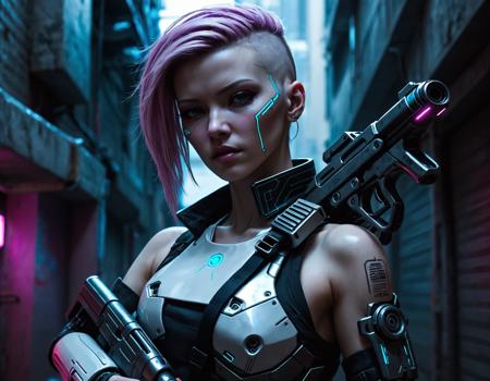 closeup of a cyberpunk woman in a dark alley holding a futuristic gun