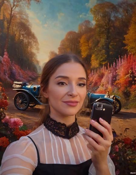 In this scene, a girl stands proudly as the subject, posing with elegance in front of an 8k oil painting which depicts a Victorian era steampunk setting - filled with a racing striped racecar amidst crowded woods and vibrant flowers. She holds her phone at a selfie shot angle, capturing the masterpiece art piece as her background, creating a blend between realism and evil wizardcore, with black lighting and two colors. The painting resembles a multidimensional Laocoön sculpture, infused with 50mm photography style, and is inspired by abstract art by Gilberto Soren Zaragoza and Jan Urschel, with vibrant motifs reminiscent of motion blur in a happy biomorphic world. The sunset panorama creates an ambiance where people can admire the masterpiece from various angles while enjoying the serene autumn background and double exposure effect - all coming together to make this scene truly remarkable. Bebahan <lora:wtvqht18ebd92ac7bx6d:1>