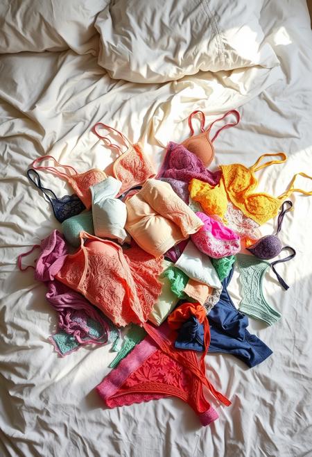 A side view of a bed with a disordered pile of colorful women's lace lingerie casually thrown onto the surface. The bed is unmade, with soft, crumpled sheets beneath the lingerie, adding to the relaxed, natural look of the scene. Various pieces, including bras, panties, and thongs, are visible, each in different colors, creating a vibrant mix of shades and intricate lace patterns. The soft, natural lighting casts gentle shadows across the bed, highlighting the diversity of colors and the delicate textures of the fabrics. The overall atmosphere is intimate, with a playful and visually rich composition.