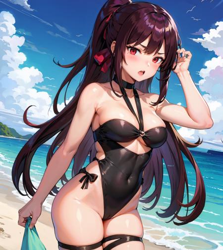 <lora:Wa2k:1>,
1girl,Wa2k,one-piece swimsuit,ponytail,beach,choker,thigh strap,hair ribbon