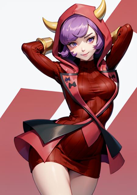 <lora:courtney:0.7>,courtney, 1girl, solo, breasts, looking at viewer, smile, short hair, bangs, simple background, gloves, white background, dress, closed mouth, purple eyes, purple hair, horns, signature, hood, arm up, sweater, eyelashes, red dress, clenched hand, red gloves, ribbed sweater, hood up, fake horns, sweater dress, horned headwear, ribbed dress