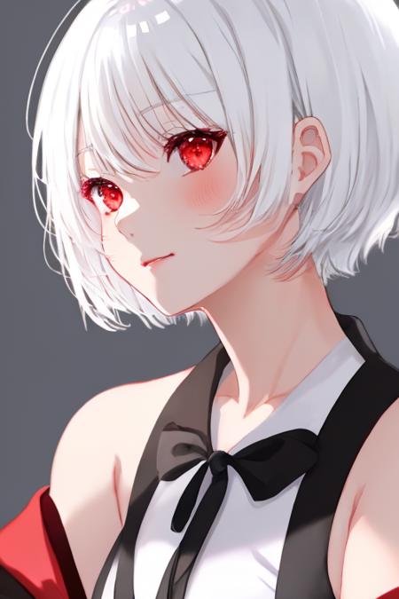 1girl,(anime:1.2),red eyes,face,masterpiece,best quality,white hair,short hair,white background,upper body <lora:Miwano-Rag-v2-000005:1>