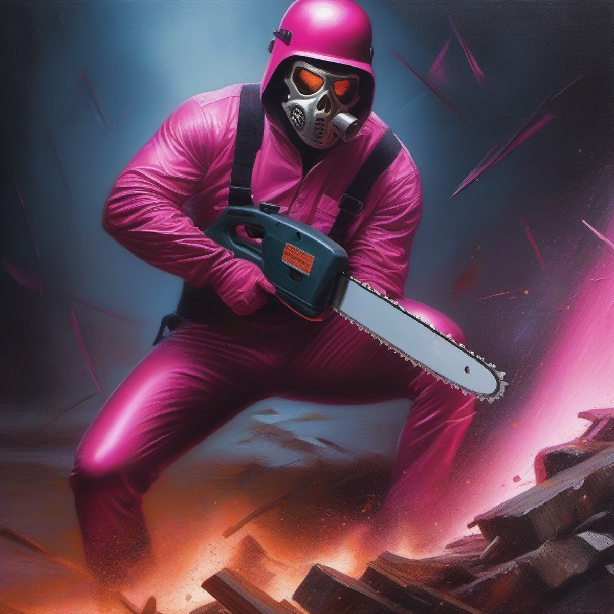very tight suit, tight tights, a man in pink shiny glam tights wielding a chainsaw with both hands, death metal, art by gr...