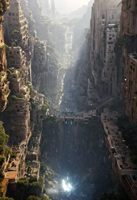 POV view , DOF,
(Ancient civilization, Alien Prometheus movie scene, dune movie scene:1.5), (The colonial city of the future, in the mist-filled Grand Canyon, on an unknown Earth-like planet, 2 moon on sky, Spaceship flight connects colonies, waterfulls:1.3), (Machu Picchu, a mountain settlement, incredibly spectacular:1.2), (Mario Botta:1.3), (avant-garde, future, reality, science fiction, photorealistic), (modern architecture:1.2), White limestone with black granite, fountain, waterfall, landmark, square, path, narrow street,
(Large Files, Ultra Realistic, 8K, 16k, FHD, HD, VFX, Perfect, Photography, composition, Architecture Sales Photography, Architecture Competition, Ultra High Resolution, Cinematography, High Resolution Image:1.1), (dramatic lighting, direct sunlight, ray tracing, clear shadow:1.2),  (real landscape:1.1), (blurred background:1.0), (urban background, more_details) ,
great lighting, clear, hillscastel, <stardeaf-cold-arc>, xtower, industrialbuilding