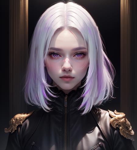 (artwork), (masterpiece), (amazing work), (masterpiece), (extremely detailed CG 8k unit wallpaper), <lora:GoodHands-vanilla:0.6>, <lyco:Nova-15:1.0>, (blunt ends,straight hair:1.4), medium hair, (white hair:1.4), tall female, small breasts, petite, colored tips, leather jacket, natural skin texture, hyperrealism, hdr, hyperdetailed, RAW photo, photorealistic, best quality, highres, realistic, 8k, caustics, dynamic light, beautiful and delicate lips, delicate fingers, detailed pupil, real human skin, <lora:GoodHands-vanilla:0.8>