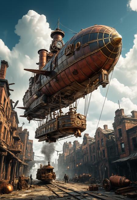 1 steampunk airship, moving through a post-apocalyptic steampunk city in ruins, intricate details on the airship's machinery, gears and pipes visible, highly detailed surrounding buildings with crumbling brick and rusted metal, dramatic sky filled with dark clouds, hints of sunlight breaking through, atmospheric perspective enhancing depth, smoke rising from the ruins, debris scattered on the ground, a sense of adventure and exploration, cinematic composition, high detail, vibrant steampunk aesthetic
