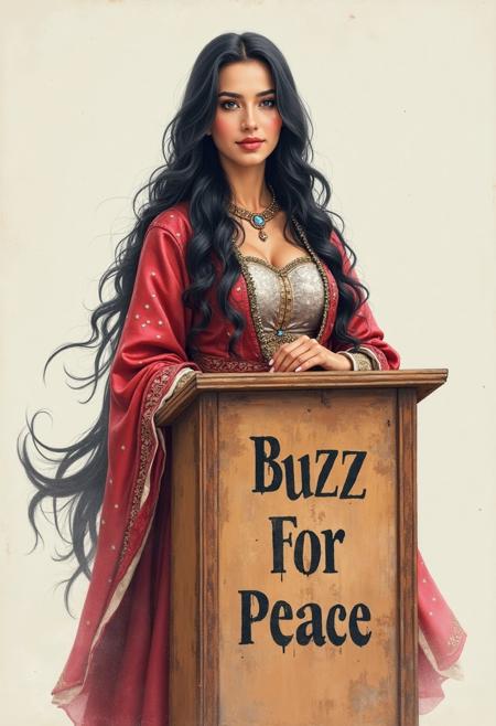 Draw one woman from russian sarafans wearing traditional russian clothing, she is tall and beautiful with long jet black hair. She is standing on a podium with "Buzz For Peace" written on it in clear letters. The image is highly detailed with highly detailed face and clear letters