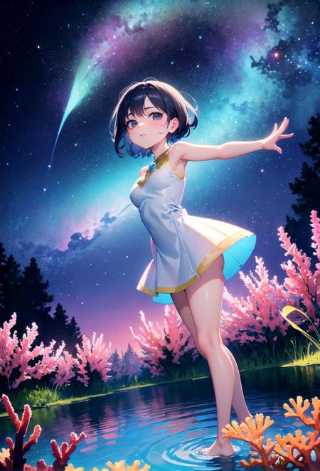 (extremely detailed CG unity 8k wallpaper), (an extremely delicate and beautiful),
(ornate white mini dress), wet, barefoot, (tiptoe), standing on water, (ripple:1.5, water splash:1.5), (reflection:1.5), (night, sky, milky way:1.3, neutron star, cosmos:1.3, fluorescent:1.3), (coral reef:1.3, fish:1.5), view from above, on side, looking at viewer, (trees:1.2, reed:1.2, shrub:1.2, flower:1.2), medium breasts,