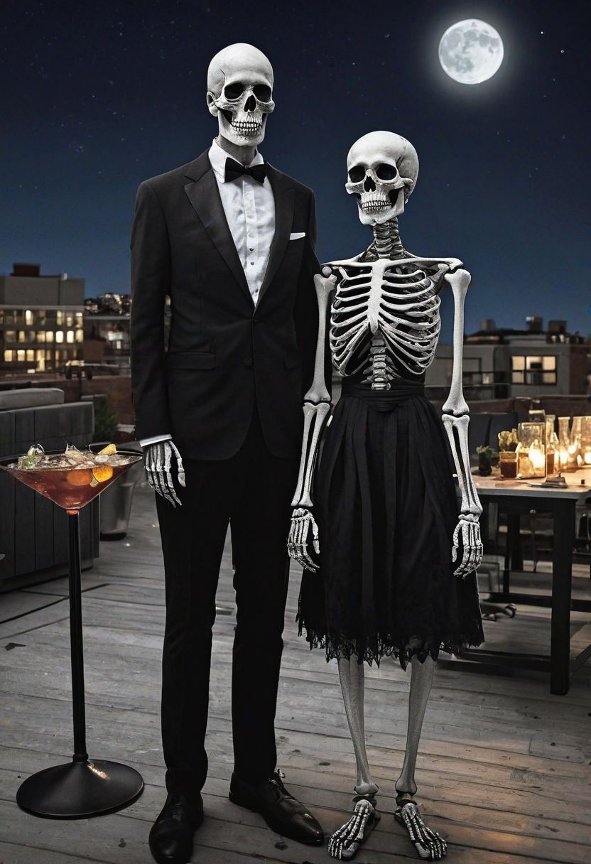 2015, summer night, skeletons at a rooftop cocktail party, in black tie dress code