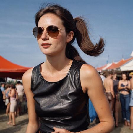 A beautiful 35mm photo of a 30 year old Dutch woman, sideview, (80's sleeveless t-shirt)), ((leather pants)), ((sunglasses)), ((full body:1.2)), she has a comely face, shy smile, in love, pale skin, very dark eyes, chocolate brown hair, straight hair, 70's fringe, ponytail, beautiful mouth, long face, narrow chin, freckles on nose, birthmarks on stomach, she is slim, natural tits, perfectly shaped tits, pubic hair, ultra realistic, extremely detailed, highly detailed eyes, realistic eyes, highly detailed skin, realistic skin, at a festival, having fun, happy, beautiful sky, soft natural light, Rembrandt style light, 8k resolution, masterpiece, 35mm, Hasselblad, film grain, (ultra high res:1.2),(photo-realistic:1.3) (skin pores:1.1)