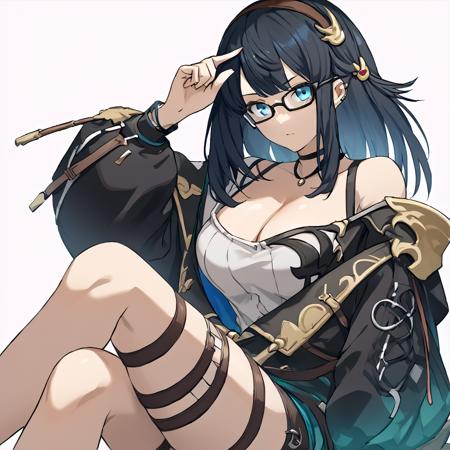 illnott, glasses, 1girl, black hair, blue eyes, long hair, cleavage, hairband, ear piercing, large breasts, off shoulder jacket, thigh strap, choker