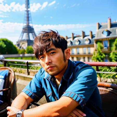 a man, 30 year old, (short hair), black eyes, sitting outside at a Paris caf, eiffel tower in background, intricate details, highly detailed, sharp focus, professional, 4k, spring flowers blooming, highres, detailed facial features, sharp focus, extremely detailed, photo_\(ultra\), photorealistic, max detail, real life, ultra realistic, photography, 8k uhd, <lora:jay-v1:1>