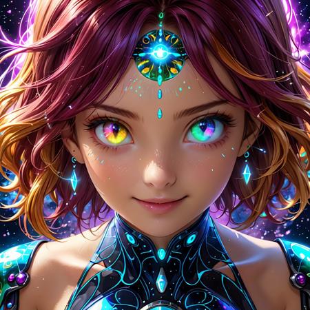 detailed, realistic, 8k uhd, high quality, source anime, illustration, masterpiece,  An epic photo of girl<lora:Biolumins v1:0.8>, beautiful smile, glowing eyes, heterochromia eyes, close up,