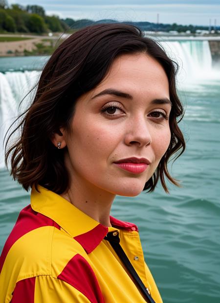 portrait of sks woman at the niagara falls, by Flora Borsi, style by Flora Borsi, bold, bright colours, ((Flora Borsi)), by Dorothea Lange, <lora:lora-small-myleene-klass-v1:1>