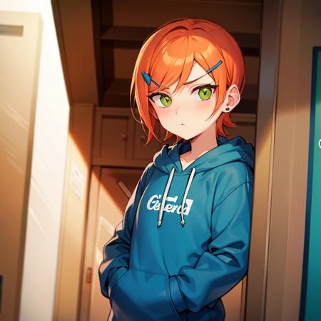 gwen,orange hair,green eyes,short hair,hairclip,looking at viewer,blue hoodie,hands in pockets, upper body