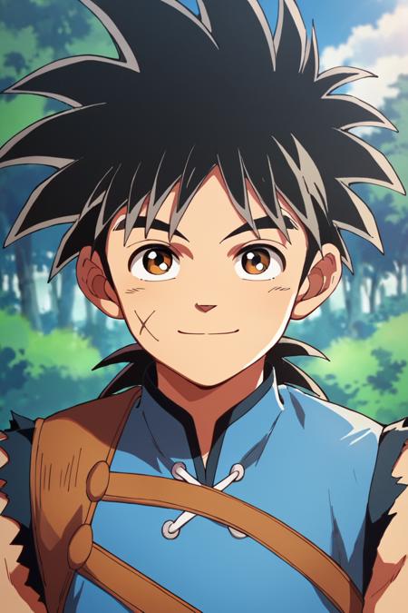 Dai,black hair, brown eyes,scar, scar on face, Torn clothes,sleeveless,leather, blue shirt headband Blue shirt,armor,sleeveless, gem circlet, Blue clothes,shoulder armor,belt,wristband, dai,spiked hair,black hair, green eyes, glowing,head glow, facial mark bandage necklaces, jewelry
