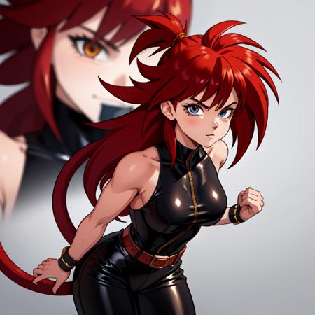 masterpiece, best quality, detailed face, detailed eyes, highres,,<lora:Primitive Saiyan Woman:1> 1girl,Saiyaness, 1girl,Saiyan monkey tail, red hair, long wild spiky hair, hair tied, leather pants