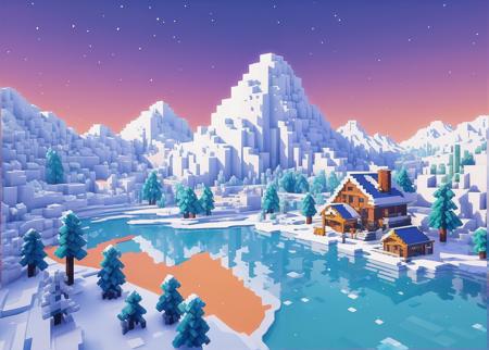 Create a winter scene in Minecraft, voxel-based art style, pixelated and minimalist aesthetic, vibrant colors, intricately detailed, high resolution