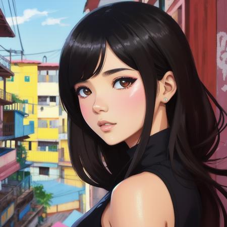 Elegant girl brazilian brunette in urban outfit in favela do brazil, cute fine face, rounded eyes, digital painting, fan art, pixiv, by ilya kuvshinov, katsuhiro otomo ghost-in-the-shell, magali villeneuve, artgerm, jeremy lipkin and michael garmash and rob rey slum background from rocinha