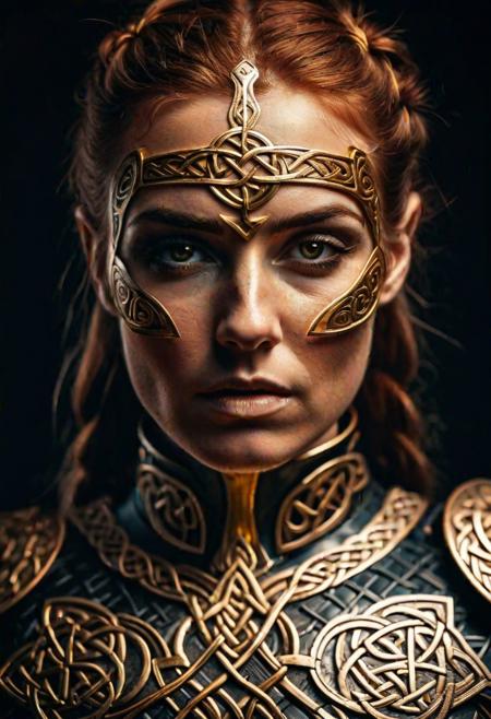 A woman wearing armor with a golden Celtic knot pattern. detail, cinematic lighting, Instagram