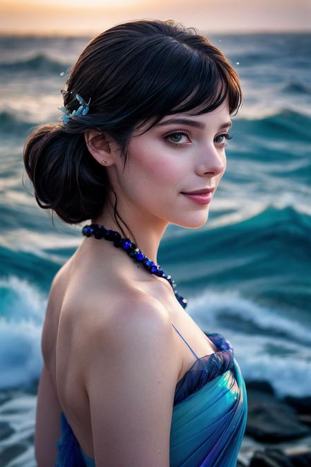 AshleyG_SoloTI_v1,
(happy,smile),
(In a billowing gown of sapphire-blue chiffon, adorned with iridescent seashells and seaweed, for a mesmerizing and alluring look),
(Amidst the crashing waves on a desolate shore, where the haunting melody of the sea entices sailors to their doom, a sense of enchantment and danger permeates the salty air:1.3),
(seductive:1.3),(analog, cinematic, film grain, hazy atmosphere, cinematic shot:1.3), 
 <lora:add_detail:0.6>,<lora:LowRa:0>, PA7_Portrait-MCU,