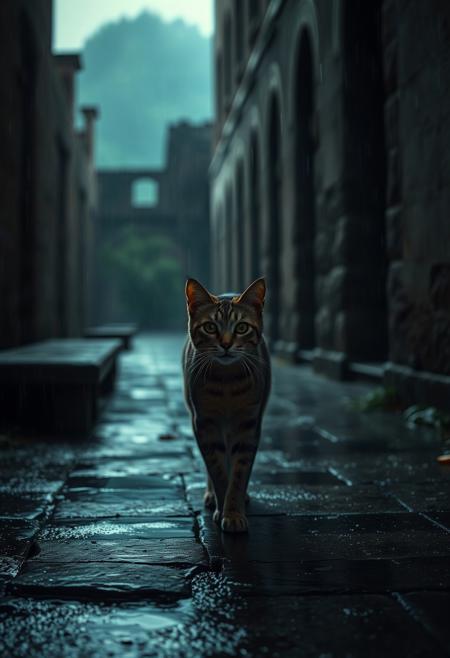 (Soft Lighting Photography by Mimoza Veliu and Mario Giacomelli:1.2), NSFW, A cat walking in a historical ruin, raining, moody, looking at camera, photorealistic rendering, moody chiaroscuro lighting
