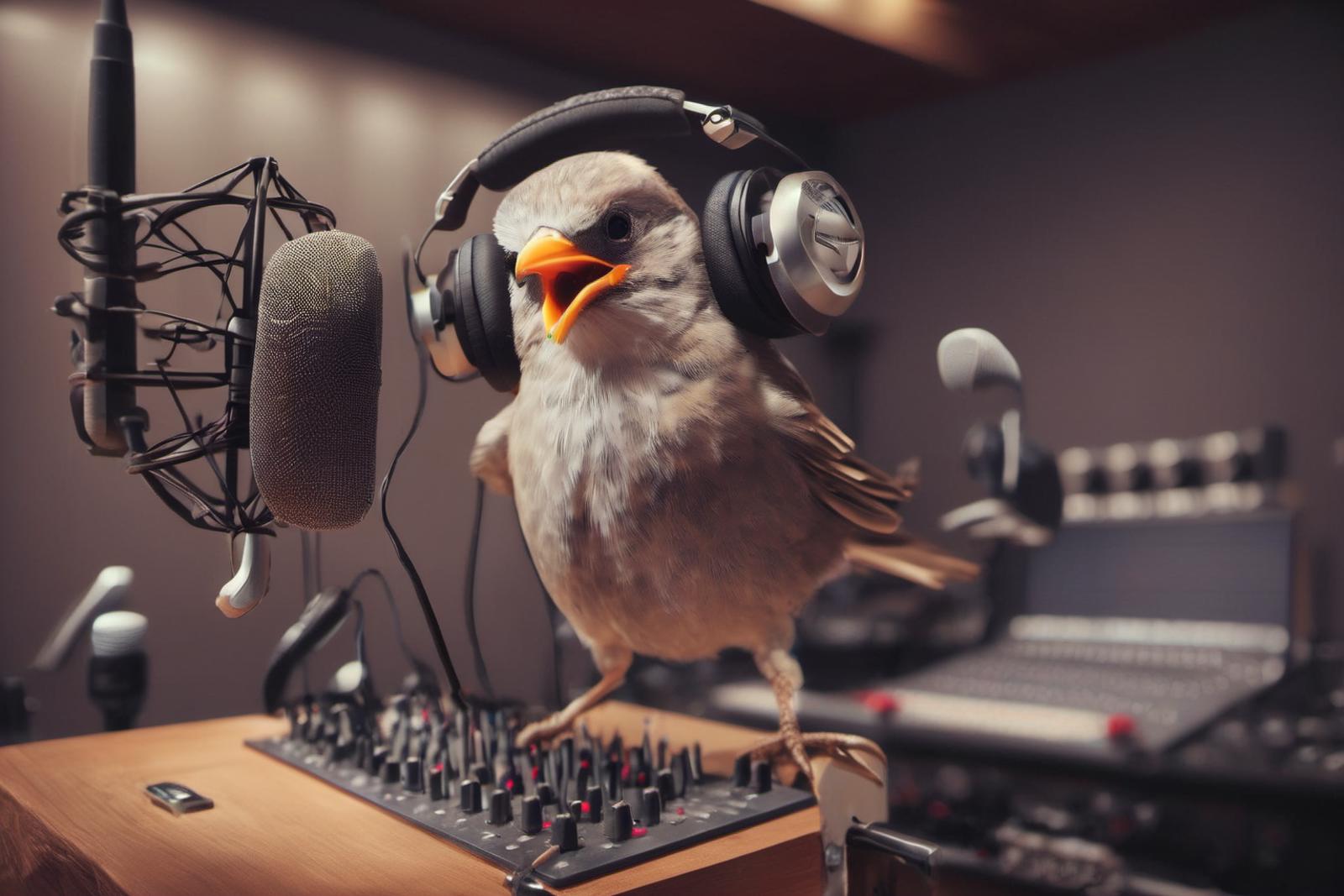 A small bird, likely a canary, is perched on a soundboard with headphones placed on its head. The bird appears to be singing or mimicking a human voice. The soundboard is surrounded by various other pieces of equipment, including a microphone, speakers, and a mixing console. The scene suggests that the bird's melodious voice is being recorded or amplified by the soundboard and its accompanying equipment.