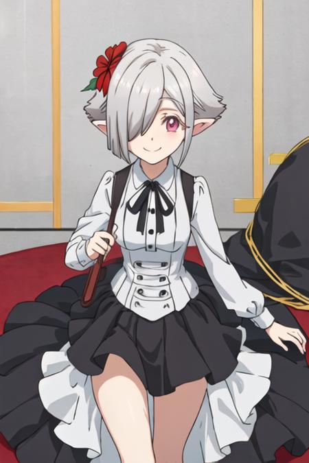 best quality, masterpiece, highres, solo, {perusepone2shi_jashinchandropkick:1.15}, short_hair, pointy_ears, hair_over_one_eye, grey_hair, red_eyes, white_hair, ribbon, smile