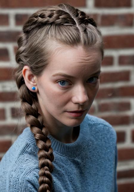 RAW, sharp, face focus, (skin pores:0.1), extremely long hair, braided hairstyle, very pale skin ((ohwx woman)) hyper detailed, subsurface scattering, caustics, cinematic, Grey blue crewneck Statement ring Cool greyscale Rim light outline Brick wall Selective focus in style of Steve McCurry Canon EOS 5D Mark IV 24-70mm f/2.8 1/125s 400
<lora:ErinEverheart_SDXL_v1.0b:1>