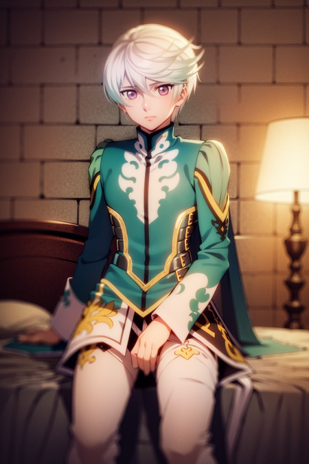 masterpiece, best quality, 1boy, sorey, solo, sitting, white hair, purple eyes, cape, male focus, bedroom  <lora:Mikleo:1>