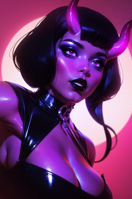 d3v1lg1rl, black hair, makeup, colored skin, demon girl, demon horns, r3d skin, <lora:d3v1lg1rl:0.8> masterpiece, best quality, <lora:age_slider_v20:1> <lora:detail_slider_v4:1>